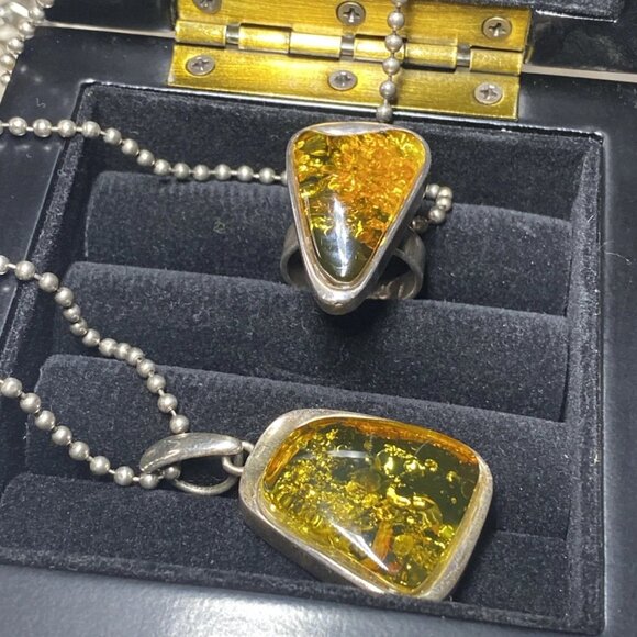 925 Sterling Silver Amber Set – Signed SO – MJI Necklace – Ring Size 8 - Picture 13 of 16